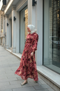 Empirme Desenli Dijital Elbise Kiremit