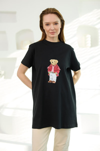 Erkek Ayıcık Baskılı Basic Kısa Kollu İçlik Siyah