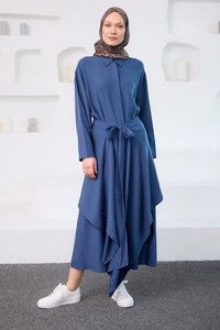 Eteği Bağlamalı Elbise Mavi