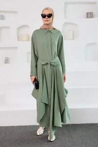 Eteği Bağlamalı Elbise Yeşil