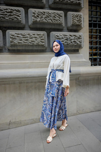 Eteği Baskılı Keten Takım Mavi