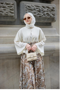 Eteği Baskılı Keten Takım Yağ Yeşil