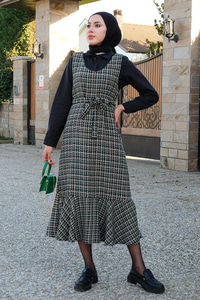 Eteği Fırfırlı Kuşaklı Tüvit Jile  Zümrüt Yeşil