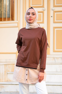 Eteği Gömlek Detaylı Sweat  Kahverengi
