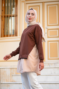 Eteği Gömlek Detaylı Sweat  Kahverengi