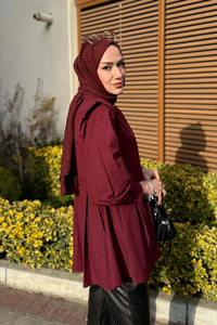 Eteği Pile Detaylı Gömlek  Bordo
