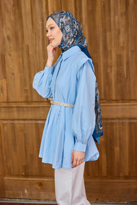 Eteği Pile Detaylı Gömlek  Mavi