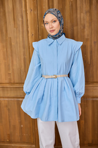 Eteği Pile Detaylı Gömlek  Mavi