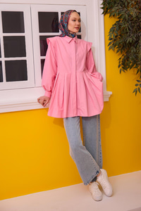 Eteği Pile Detaylı Gömlek  Pembe