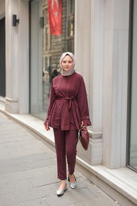 Eteği Pileli Armani Modal Takım Bordo