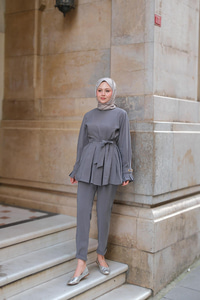 Eteği Pileli Armani Modal Takım Gri