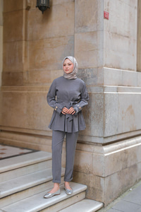 Eteği Pileli Armani Modal Takım Gri