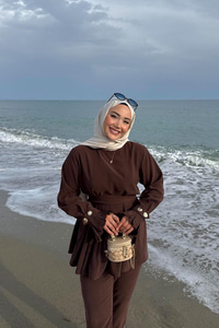 Eteği Pileli Armani Modal Takım Kahverengi