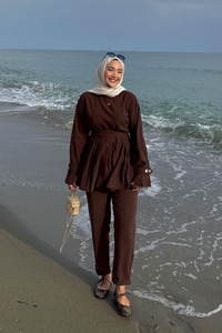 Eteği Pileli Armani Modal Takım Kahverengi