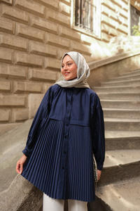 Eteği Pileli Gömlek Lacivert