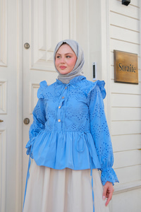 Eteği Pileli Gömlek Mavi