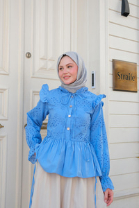 Eteği Pileli Gömlek Mavi