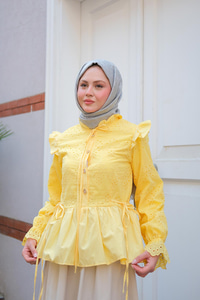 Eteği Pileli Gömlek Sarı