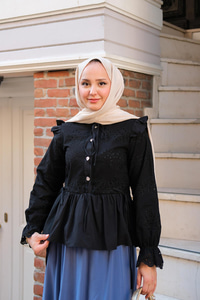 Eteği Pileli Gömlek Siyah