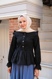 Eteği Pileli Gömlek Siyah