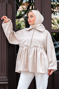 Eteği Piliseli Fermuarlı Tunik Bej