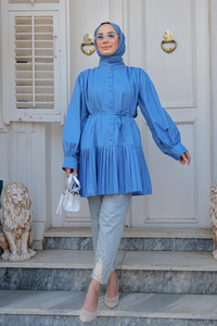 Eteği Piliseli Gömlek İndigo Mavi