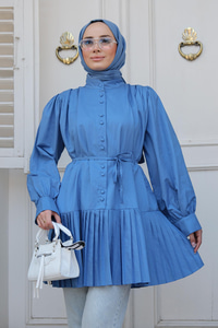 Eteği Piliseli Gömlek İndigo Mavi