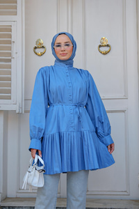 Eteği Piliseli Gömlek İndigo Mavi