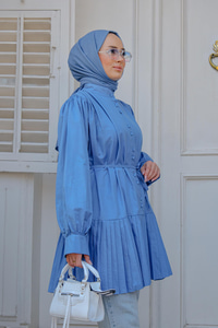 Eteği Piliseli Gömlek İndigo Mavi