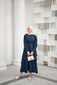 Eteği Volanlı Bel Bağlamalı Gömlek Yaka Yarım Düğmeli Elbise İndigo Mavi