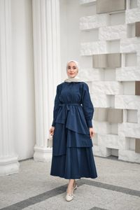 Eteği Volanlı Bel Bağlamalı Gömlek Yaka Yarım Düğmeli Elbise İndigo Mavi