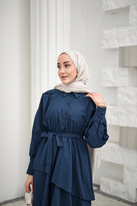 Eteği Volanlı Bel Bağlamalı Gömlek Yaka Yarım Düğmeli Elbise İndigo Mavi