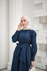 Eteği Volanlı Bel Bağlamalı Gömlek Yaka Yarım Düğmeli Elbise İndigo Mavi