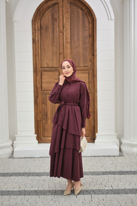 Eteği Volanlı Bel Bağlamalı Gömlek Yaka Yarım Düğmeli Elbise Mürdüm