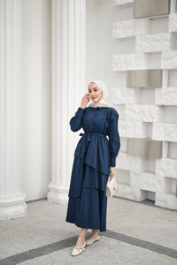 Eteği Volanlı Bel Bağlamalı Gömlek Yaka Yarım Düğmeli Elbise İndigo Mavi