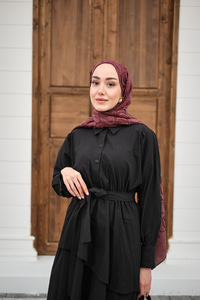 Eteği Volanlı Bel Bağlamalı Gömlek Yaka Yarım Düğmeli Elbise Siyah