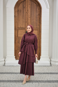 Eteği Volanlı Bel Bağlamalı Gömlek Yaka Yarım Düğmeli Elbise Mürdüm