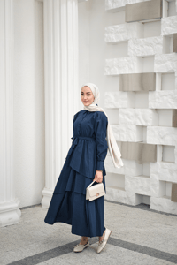 Eteği Volanlı Bel Bağlamalı Gömlek Yaka Yarım Düğmeli Elbise İndigo Mavi