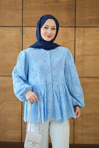 Eteği Volanlı Gömlek Mavi