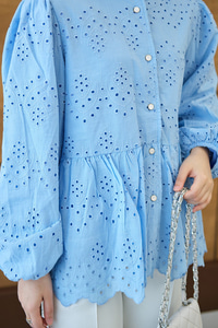 Eteği Volanlı Gömlek Mavi