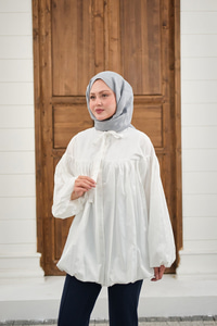 Etek Ucu Büzgülü Gömlek Beyaz