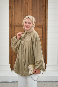 Etek Ucu Büzgülü Gömlek Küf Yeşil