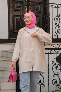 Etek Ucu Lastik Detay Kapüsonlu Hırka Krem