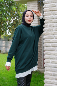 Etek Ve Kol Kısmı Dantelli Bisiklet Yaka Tunik Zümrüt Yeşil