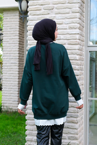 Etek Ve Kol Kısmı Dantelli Bisiklet Yaka Tunik Zümrüt Yeşil