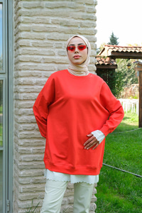 Etek Ve Kol Kısmı Dantelli Bisiklet Yaka Tunik Nar Çiçeği