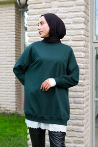 Etek Ve Kol Kısmı Dantelli Bisiklet Yaka Tunik Zümrüt Yeşil