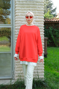 Etek Ve Kol Kısmı Dantelli Bisiklet Yaka Tunik Nar Çiçeği