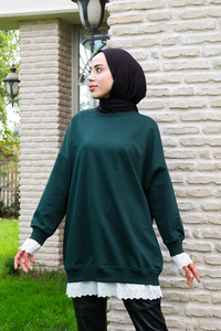 Etek Ve Kol Kısmı Dantelli Bisiklet Yaka Tunik Zümrüt Yeşil