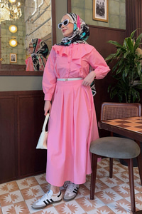 Etekli Poplin Takım Pembe